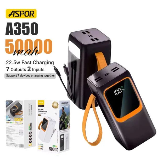 Aspor A350 50000mAh Fast Charging with Built-in Flashlight Power Bank Aspor A350 50000mAh Fast Charging with Built-in Flashlight Power Bank
